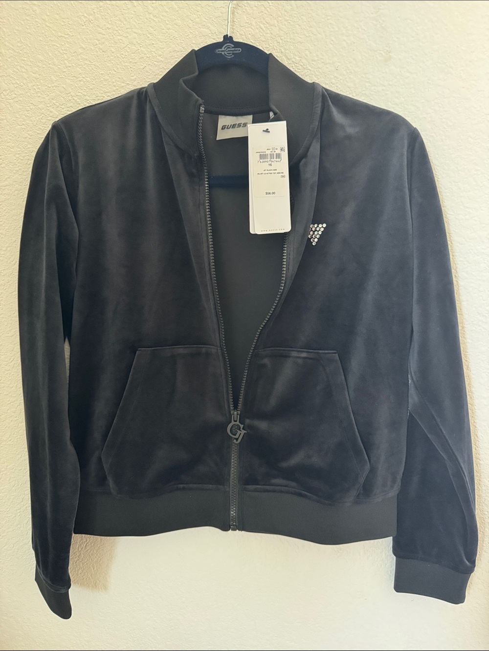 Guess Black Velour Zip-Up Bomber Jacket with Rhinestone Logo